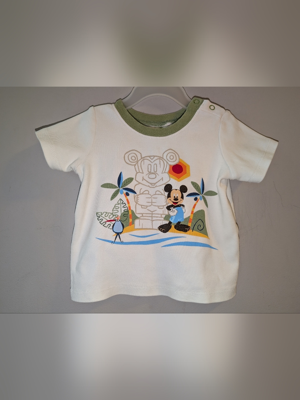 Vintage Disney Store Baby White Tee Green Trim & Tropical Mickey Print 12 Months